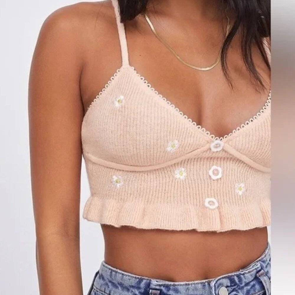 For Love and Lemons Knit Daisy Embroidered Top - XS